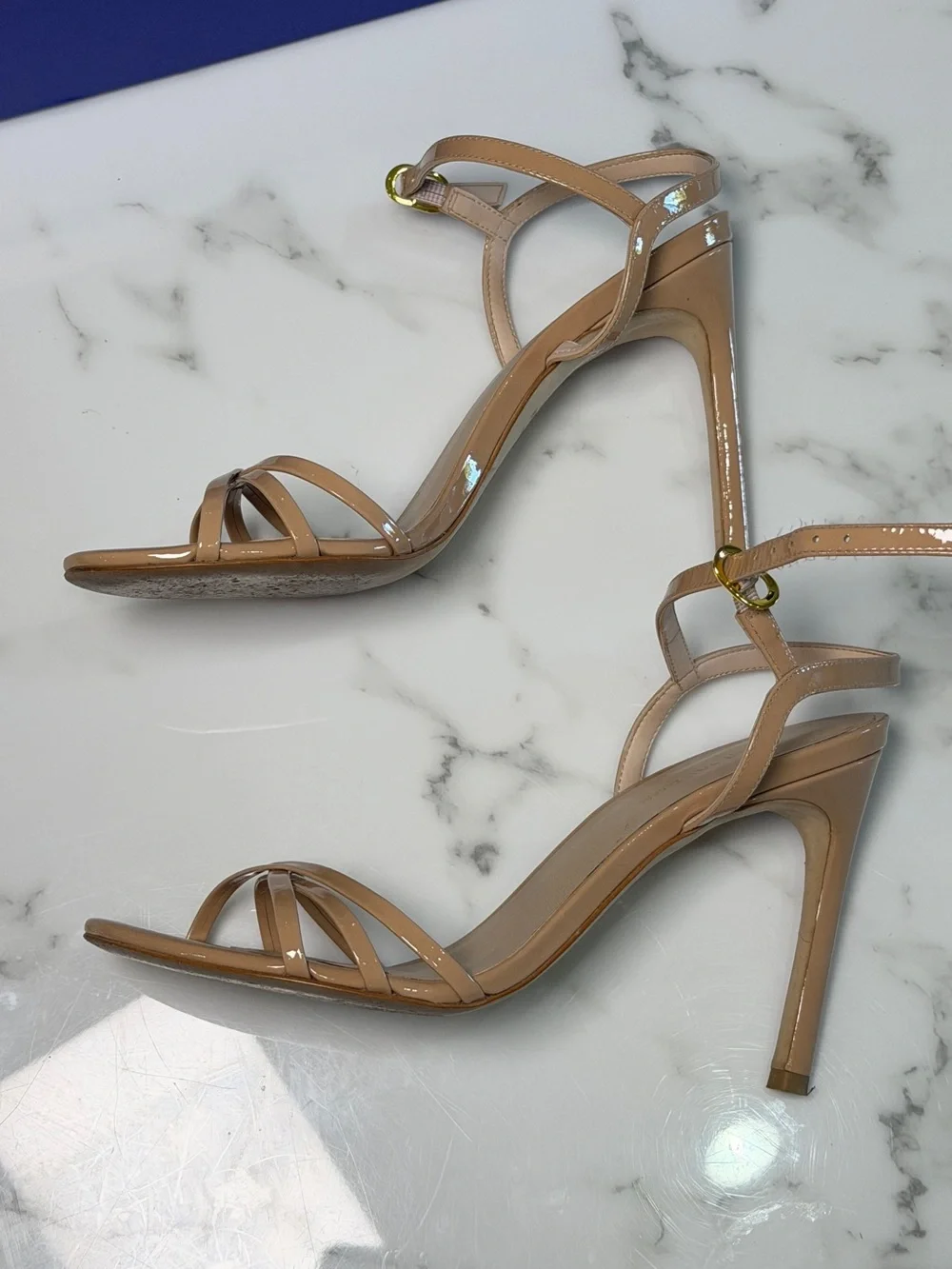 Stuart Weitzman Mykonos Braid Patent Nude Heels Size 7